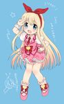  :d aikatsu! aikatsu!_(series) amae_koromo bad_id bad_pixiv_id blonde_hair blue_eyes blush bobby_socks bow bowtie chibi cosplay hairband hand_on_hip hoshimiya_ichigo hoshimiya_ichigo_(cosplay) long_hair look-alike looking_at_viewer mary_janes melompan necktie open_mouth pink_skirt ryuumonbuchi_touka saki shirt shoes skirt smile socks solo vest w white_shirt wristband 