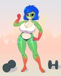  amphibian barbell big_breasts blue_hair blue_skin breasts cleavage clothed clothing female frog green_skin hair hindpaw looking_at_viewer navel nitro paws red_eyes red_skin short_hair smile solo standing stripes thighs underwear 