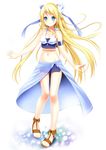  armlet bare_shoulders blonde_hair blue_eyes blue_sarong blush bow feathers fringe_trim gargantia_contest hair_bow hair_ornament highres long_hair midriff navel revision sandals sarong setona_(daice) smile solo suisei_no_gargantia translucent_sarong 