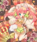  animal_ears blush breasts checkered checkered_background flower fox_ears fox_tail kinoko_crown large_breasts one_eye_closed open_mouth original pink_hair rose smile solo tail 