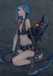  asymmetrical_legwear bangs bare_shoulders belt bikini_top blue_hair boots braid bullet clenched_teeth elbow_gloves fingerless_gloves flat_chest full_body gloves highres jewelry jinx_(league_of_legends) league_of_legends lipstick long_hair looking_away makeup nail_polish navel necklace orange_eyes profile saliva shorts simple_background sitting solo tattoo tears teeth tekito03 thighhighs twin_braids very_long_hair wariza weapon 