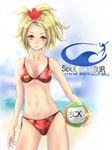  1girl ball beach bikini blonde_hair brown_eyes copyright_name female hair_ornament looking_at_viewer midriff natsu_(soulcalibur) navel parody racket_ti1 red_eyes short_hair smile solo soul_calibur soulcalibur_v standing swimsuit volleyball 