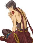  back bad_id bad_pixiv_id black_hair brown_eyes ei_(fran3bon) frown full_body gensou_suikoden gensou_suikoden_i indian_style looking_back male_focus pants poripuropiren sandals shoulder_tattoo sitting solo tattoo tir_mcdohl true_rune white_background 