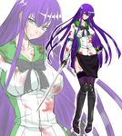  bad_id bad_pixiv_id blood bloody_clothes blue_eyes bow breasts busujima_saeko covered_nipples elbow_pads gloves highschool_of_the_dead large_breasts long_hair purple_hair scabbard sheath shin_guards skirt solo sword thighhighs weapon zoom_layer zucchini 