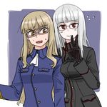  :&gt; arm_around_back blonde_hair blush breast_envy buttons collared_shirt embarrassed glasses gloves grey_hair heidimarie_w_schnaufer leather leather_gloves long_hair looking_at_viewer military military_uniform multiple_girls nigatsu_(fevrali) open_mouth perrine_h_clostermann pocket red_eyes shirt simple_background smile strike_witches sweat sweatdrop uniform v wide-eyed world_witches_series yellow_eyes 