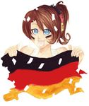  blue_eyes brown_hair cheering facepaint flag german_flag germany hair_ornament hands happy open_mouth original short_hair simple_background solo upper_body white_background yukosan2 