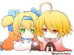  ahoge arakune bad_id bad_pixiv_id blazblue blonde_hair bodysuit cape chibi doll green_eyes lambda-11 multiple_girls platinum_the_trinity red_eyes 