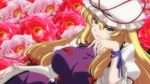  blonde_hair bow breasts dress fingernails floral_background flower hair_bow hair_ornament hat hat_bow large_breasts lips long_hair long_sleeves looking_at_viewer lunamoon mob_cap puffy_sleeves purple_eyes screencap smile solo tabard the_memories_of_phantasm touhou yakumo_yukari 