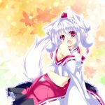  animal_ears blush detached_sleeves hat hikanyan inubashiri_momiji leaf leaf_background midriff navel open_mouth red_eyes short_hair silver_hair skirt smile solo tail tokin_hat touhou v_arms wolf_ears wolf_tail 