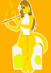 breasts brown_eyes brown_hair convenient_censorship covering female flower flute hair long_hair looking_at_viewer mario_bros music musical_instrument navel nintendo nude opusmagenum orange_background plain_background sara scalie simple_background solo video_games yellow_body yoshi 