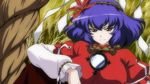  blue_hair breasts grass hairband large_breasts leaf leaf_on_head long_sleeves looking_at_viewer lunamoon maple_leaf mirror puffy_sleeves red_eyes rope screencap shimenawa shirt short_hair sitting skirt smile solo the_memories_of_phantasm touhou white_shirt yasaka_kanako 