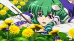  detached_sleeves field flower flower_field frog_hair_ornament gohei green_hair hair_ornament hair_tubes kochiya_sanae long_hair long_sleeves lunamoon lying nature on_stomach open_mouth screencap shirt skirt smile snake_hair_ornament solo the_memories_of_phantasm touhou wide_sleeves 