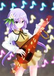  biwa_lute flower hair_flower hair_ornament highres instrument long_hair lute_(instrument) musical_note purple_hair revision solo touhou tsukumo_benben twintails yuyumi_(yuurei) 