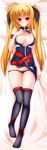  absurdres belt black_panties blonde_hair blush breasts cleavage_cutout dakimakura fate_testarossa full-face_blush full_body highres huge_filesize legs long_hair lowleg lowleg_panties lyrical_nanoha mahou_shoujo_lyrical_nanoha_strikers medium_breasts no_bra open_clothes open_shirt panties panty_pull red_eyes shirt solo syroh twintails underwear 