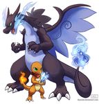  blue_fire charmander claws fangs fire green_eyes haychel horn male mega_charizard mega_charizard_x mega_evolution mega_stone nintendo plain_background pok&#233;mon pok&eacute;mon scarf size_difference tommy_(character) video_games white_background wings 