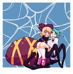  antennae arachne bad_id bad_pixiv_id bdsm blonde_hair bondage bound bound_arms bound_legs bow bug buttons carrying dress_shirt freckles green_eyes green_hair grin hair_bow highres insect_girl kneehighs kurodani_yamame kurodani_yamame_(spider) long_sleeves looking_at_viewer mary_janes monster_girl multiple_girls nail_polish necktie nervous_smile parted_lips pink_footwear princess_carry red_eyes red_neckwear shirt shoes silk sitting smile smirk spider spider_girl spider_web sunder tied_up touhou white_legwear white_shirt wriggle_nightbug 