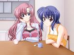  2girls ayane_(shimai_don) blue_hair chair game_cg maaya_(shimai_don) multiple_girls pink_hair shimai_don~shirudaku_de~ short_hair table 