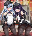  akatsuki_(kantai_collection) apron ass black_dress black_gloves black_hair black_legwear blue_eyes blush cleavage_cutout cosplay detached_sleeves dream_c_club dream_c_club_(series) dream_c_club_uniform dress elbow_gloves eyes gloves gusset hat hibiki_(kantai_collection) kantai_collection long_hair maid multiple_girls neck_ribbon open_mouth panties panties_under_pantyhose pantyhose purple_eyes purple_neckwear purple_ribbon reika_(dream_c_club) reika_(dream_c_club)_(cosplay) ribbon skirt skirt_lift striped striped_panties thighband_pantyhose underwear waitress white_apron white_hair yuzumiya_mono 