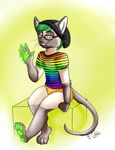  cat citrus_lemonade claws clothing ear_piercing eyewear feline fur glaces glasses glowing green_hair hair male mammal paws piercing plain_background rainbow siamese smile teeth toes underware underwear 