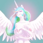  2014 anthro anthrofied breasts equine female friendship_is_magic fur hair horn horse long_hair looking_at_viewer multi-colored_hair my_little_pony navel nipples nude pony princess_celestia_(mlp) smile solo weasselk white_fur winged_unicorn wings 