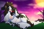  areola big_breasts black_fur bovine breasts brown_eyes brown_hair cattle cherry female fur grass hair hindpaw kammymau long_hair looking_at_viewer mammal night nipples outside paws pussy sky smile solo stars tail_tuft thick_thighs thighs tongue tongue_out tuft voluptuous white_fur 