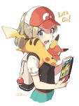  :d absurdres backpack bag baseball_cap blonde_hair blue_eyes cloba commentary creatures_(company) cropped_legs ears_through_headwear english eyes_visible_through_hair game_freak gen_1_pokemon handheld_game_console hat highres long_hair nintendo nintendo_switch on_shoulder open_mouth pikachu poke_ball pokemon pokemon_(creature) pokemon_(game) pokemon_lgpe ponytail puffy_short_sleeves puffy_sleeves short_sleeves signature simple_background smile upper_body white_background 