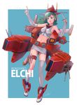  :d asymmetrical_legwear blue_background blue_eyes breasts character_name elbow_gloves elchi_cargo full_body gloves green_hair grey_gloves grey_legwear grey_skirt highres kantai_collection knife long_hair mecha_musume medium_breasts midriff navel open_mouth sentou_mecha_xabungle single_thighhigh skirt smile standing thighhighs throwing_knife umeno_ryuuji weapon 