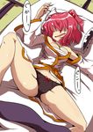  black_panties breasts hair_bobbles hair_ornament hair_over_eyes hidden_eyes large_breasts midori_niku onozuka_komachi panties red_hair saliva sarashi sleeping solo spread_legs thighs touhou two_side_up underwear 