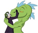 clothed clothing couple crossover dinosaur duo eye_contact feral gay green_body human interspecies joker kissing male mammal nightmare_fuel orange_eyes plain_background reptar rugrats scalie size_difference teeth tooth unknown_artist what white_background 