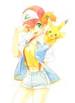  adjusting_clothes adjusting_hat arm_behind_back baseball_cap cosplay cowboy_shot crop_top gen_1_pokemon hat jacket kasumi_(pokemon) midriff navel orange_hair pikachu pokemon pokemon_(anime) pokemon_(classic_anime) pokemon_(creature) pokemon_on_shoulder satoshi_(pokemon) satoshi_(pokemon)_(cosplay) shorts side_ponytail simple_background suspenders tongue tongue_out white_background yoichi_(119-41) 