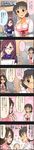  4koma :o adjusting_eyewear asano_fuuka black_eyes blue_eyes braid breasts brown_eyes brown_hair character_name cinderella_girls_gekijou cleavage colorized comic dress freckles glasses hair_bun hair_ornament highres idolmaster idolmaster_cinderella_girls large_breasts long_hair long_image multiple_girls official_art okuyama_saori open_mouth smile sparkle tall_image translated yagami_makino 