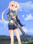  absurdres blonde_hair denim denim_shorts dreadtie fang gun highres hood hood_down hoodie jessica_jefferson long_hair original red_eyes remington_rsass rifle scope shorts sniper_rifle solo standing trigger_discipline twintails weapon 