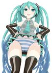  apacchi aqua_eyes aqua_hair detached_sleeves hands_on_hips hatsune_miku headset highres long_hair necktie open_mouth panties simple_background skirt solo striped striped_panties thighhighs twintails underwear upskirt very_long_hair vocaloid white_background 