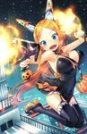  bare_shoulders black_legwear blue_eyes breasts cleavage detached_collar dual_wielding garter_straps gun handgun holding jack-o'-lantern large_breasts long_hair looking_at_viewer necktie open_mouth orange_hair original smile solo thighhighs weapon yamacchi 