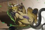  anus bad_dragon balls braid chimera hooves horn hybrid knot lying male mane narse on_back penis presenting scales scalie spreading tongue tongue_out 