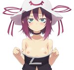  bad_id bad_pixiv_id blush breasts choker facial_mark frown green_eyes hat hat_ribbon memesaso merry_nightmare nipples pointy_ears purple_hair ribbon short_hair simple_background small_breasts solo symbol-shaped_pupils top_pull white_background yumekui_merry 