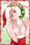  2013 blonde_hair blue_eyes breasts christmas commentary_request dated english hat highres kinoebi large_breasts lips long_hair looking_at_viewer merry_christmas nipples original parted_lips santa_hat signature solo wreath 