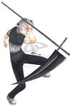  1boy death_scythe_(spirit) dr_franken_stein fighting_stance full_body glasses grey_hair male male_focus scythe soul_eater spirit_albarn 