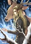  animal artist_name blonde_hair blue_eyes crown deer elf kagalin long_hair pointy_ears signature snow the_hobbit thranduil watermark web_address 