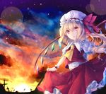  ascot bad_id bad_pixiv_id blonde_hair bow cloud cloudy_sky cross curtsey daimaou_ruaeru flandre_scarlet graveyard hat hat_bow highres light_particles mob_cap pink_eyes puffy_sleeves shirt short_sleeves side_ponytail skirt skirt_set sky solo sunset touhou vest wings 