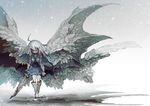  ahoge boots demizu_posuka dress long_hair multiple_wings original shadow snow sword weapon wings 
