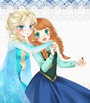  2girls anna_(frozen) atobesakunolove blonde_hair blue_eyes braid disney dress elsa_(frozen) food frozen_(disney) highres multiple_girls princess queen sequins siblings sisters 