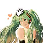  1girl cursor detached_sleeves disembodied_limb green_eyes green_hair hatsune_miku heart highres kky long_hair necktie one_eye_closed petting pixelated robot_ears solo twintails vocaloid wink 