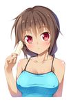  bare_shoulders blush braid breasts brown_hair camisole cleavage collarbone covered_nipples dark_skin food ichi_makoto looking_at_viewer medium_breasts original parted_lips popsicle red_eyes shiny shiny_skin simple_background solo sweat upper_body white_background 