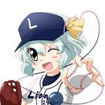  ;p baseball baseball_mitt eyeball green_eyes green_hair hair_ribbon heart heart_of_string komeiji_koishi nippon_professional_baseball one_eye_closed open_mouth ribbon saitama_seibu_lions shirt short_hair smile solo third_eye tongue tongue_out touhou visor_cap yanmarson 