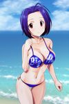  beach bikini blue_hair breasts cleavage highres idolmaster idolmaster_(classic) large_breasts miura_azusa muhi11234 red_eyes short_hair solo swimsuit 