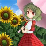  ascot blue_sky cloud day field flower flower_field green_hair kazami_yuuka kou512a light_smile looking_at_viewer looking_back outdoors parasol plaid plaid_skirt plaid_vest red_eyes short_hair skirt sky solo sunflower touhou umbrella vest younger 