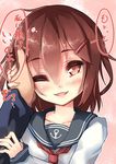  brown_eyes brown_hair fang hair_ornament hairclip hand_on_another's_face heart heart-shaped_pupils ikazuchi_(kantai_collection) kantai_collection long_sleeves neckerchief nyafu_(moai_lion) one_eye_closed open_mouth out_of_frame pov pov_hands red_neckwear school_uniform serafuku short_hair smile solo_focus symbol-shaped_pupils translated upper_body 