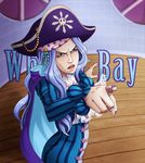  1girl angry bandanna battousai777 bicorne blue_eyes blue_hair cape character_name coreymill cravat dress hat jolly_roger lace marineford one_piece pirate pointing short_dress solo striped striped_dress vertical_stripes whitey_bay 