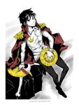  1boy amayaryuu crown epaulettes hat headwear_removed jacket_on_shoulders jolly_roger male male_focus monkey_d_luffy one_piece pirate pirate_flag sitting smile solo straw_hat 